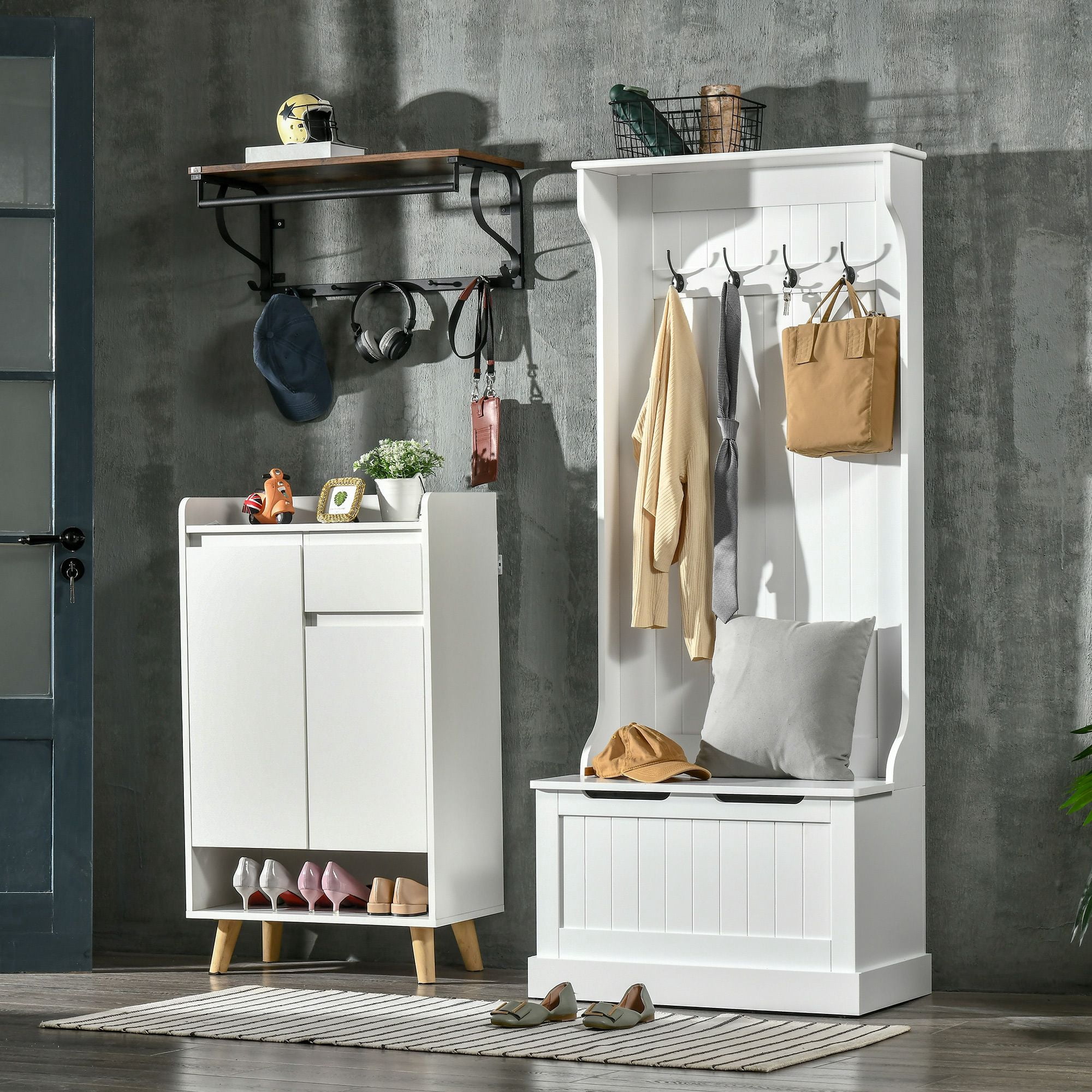 28.25IN Hall Tree with Storage Bench and Coat Hooks Entryway Mudroom Organizer with Anti-Tipping Device
