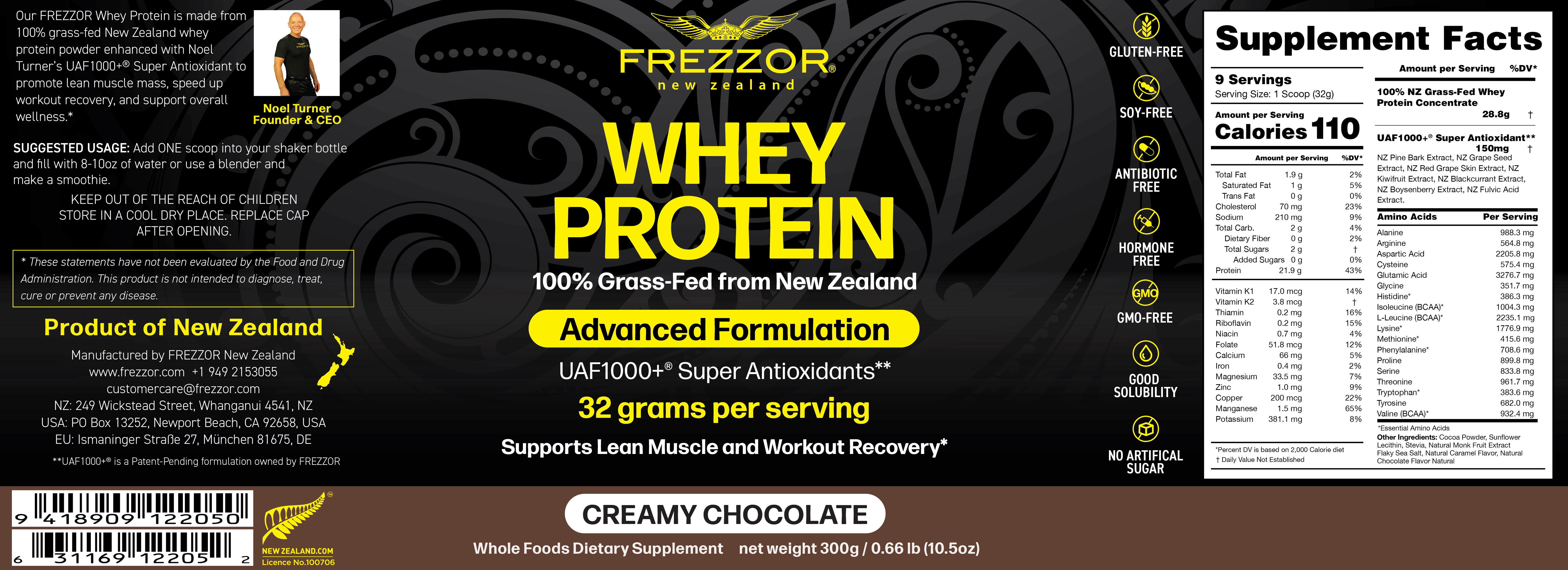 FREZZOR 100% Grass-Fed Whey Protein Shake, New Zealand, Chocolate Cacao, Keto Friendly, 24 Superfoods, 29g Protein, 22g BCAAs, GMO-Free, rBGH-Free, No Added Sugar, No Preservatives, 2 Count