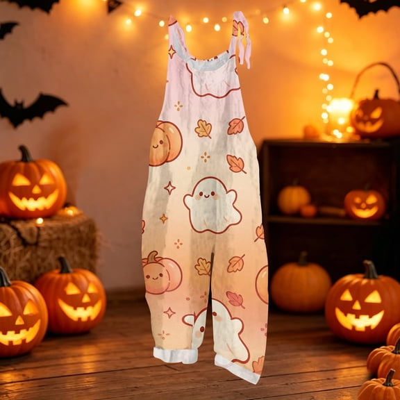 Halloween Jumpsuits for Women Summer Plus Size Boho Beach Rompers for Women Sleeveless Pumpkin Ghost Jumpsuits Rompers Casual Loose Spaghetti Strap Womens Overalls Earthy Yellow 2XL