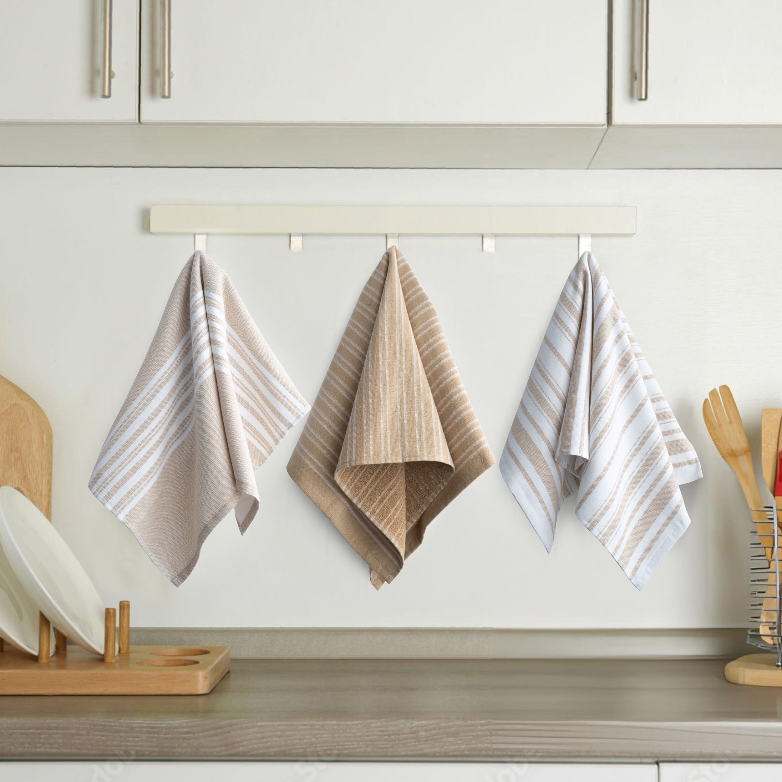 Lux Decor 6-Pack Kitchen Towels Set – 100% Cotton, Super Absorbent & Scratch-Free (16x26 Inches) – Soft Dish Towels for Drying, Cleaning & Decor – Khaki Hand Towels for Kitchen