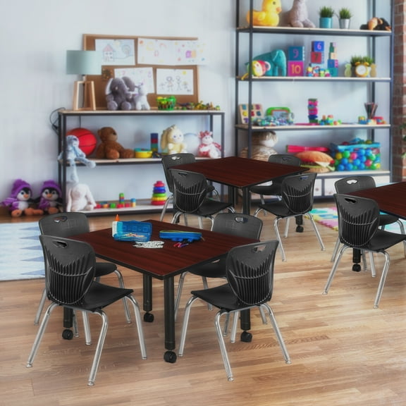 Regency Kee 48" Square Height Adjustable Moblie Classroom Table - Mahogany & 4 Andy 12-in Stack Chairs- Black