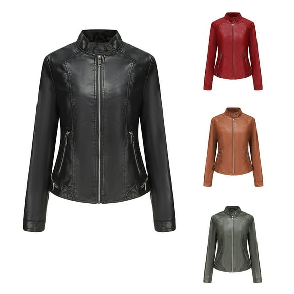 Feancey Leather Jacket for Women Trendy Stand Collar Moto Jackets Full Zip Lightweight PU Trench Coat Windbreaker with Zipper Pockets Black L