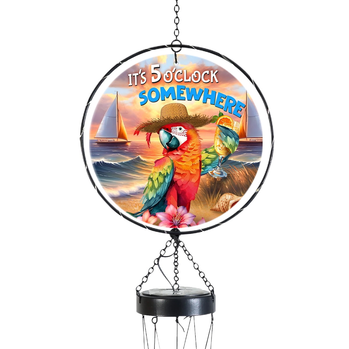 Briarwood Lane Summer LED Illuminated Solar Powered Glass Suncatcher  Wind Chime 37x8 Sunset Parrot For Summer Wind Chime For Outdoors Melodic Metal Windchimes Wind-Chimes