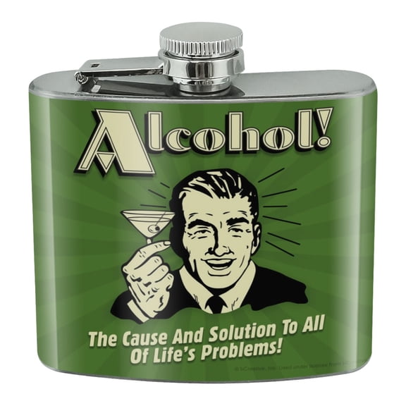 Alcohol The Cause and Solution to All of Life's Problems Funny Humor Stainless Steel 5oz Hip Drink Kidney Flask
