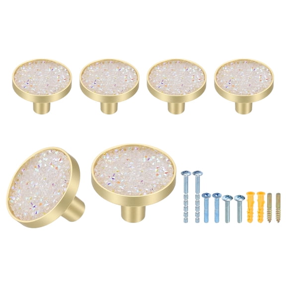 6Pack Gold Cabinet Knobs 1-1/4" Round Knobs Cabinet Handles, Diamond White