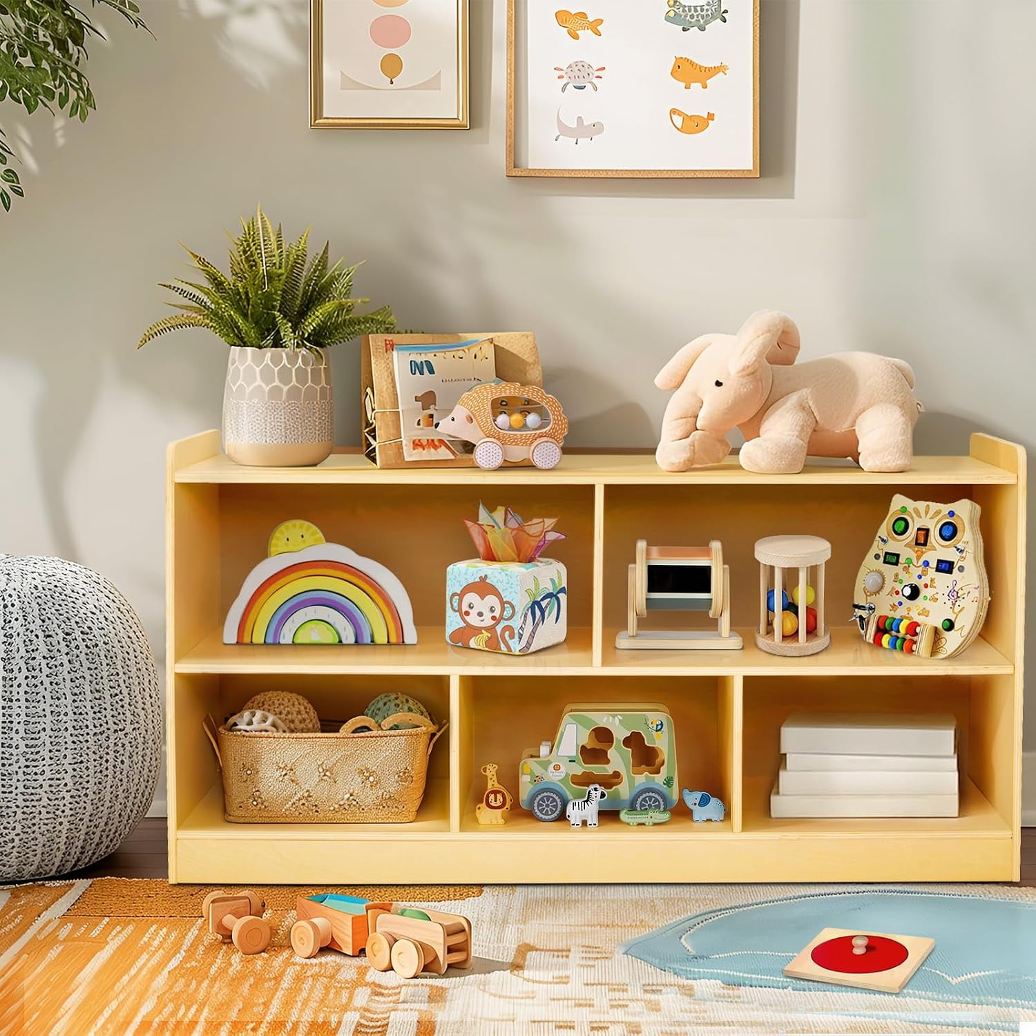 Montessori Shelf, Wooden Toy Storage Organizer for Books Toys, 2 Shelf Bookcase, 5-Section Storage Cabinet, Toddler Book Shelf for Kids Rooms, Playroom, Nursery, Kindergarten (Natural)