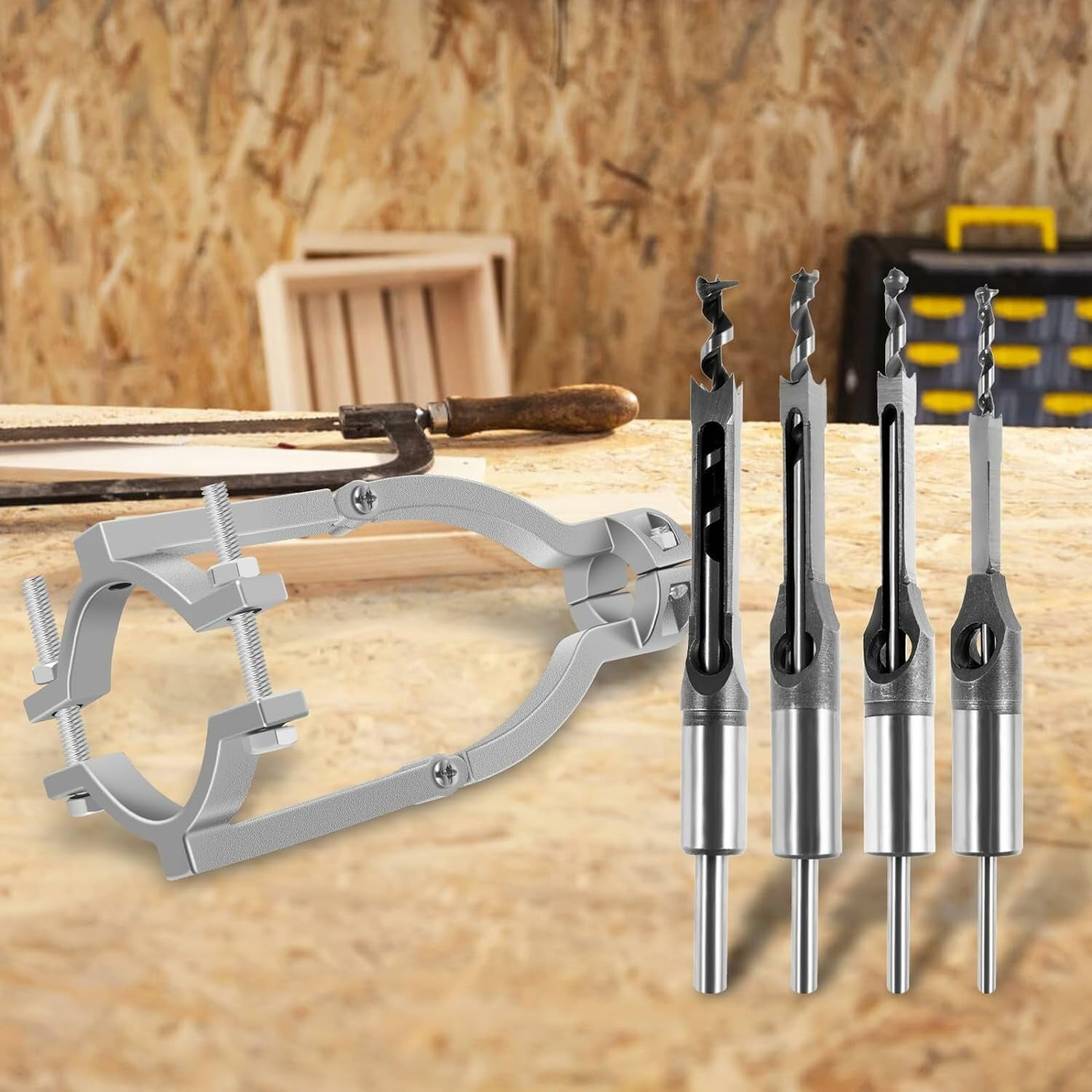 Carbide Square Hole Drill Bit Adapter Kit with 4 Bits and Fixing Bracket for Woodworking Mortising
