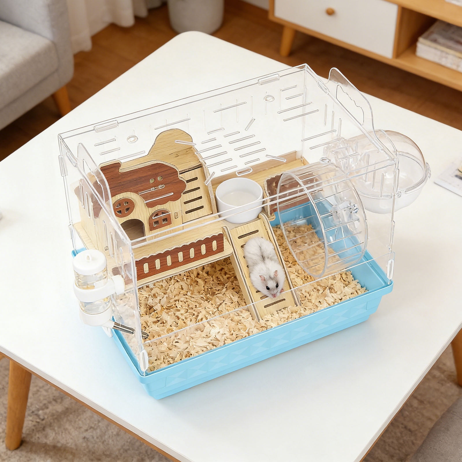 Acrylic Hamster Cage Starter Kit, Small Animal Habitat with Wheel, Water Bottle, Food Bowl, Small Hamster Habitat 360 Viewing, Hideout & Staircase,  for Dwarf, Guinea Pig, Gerbils