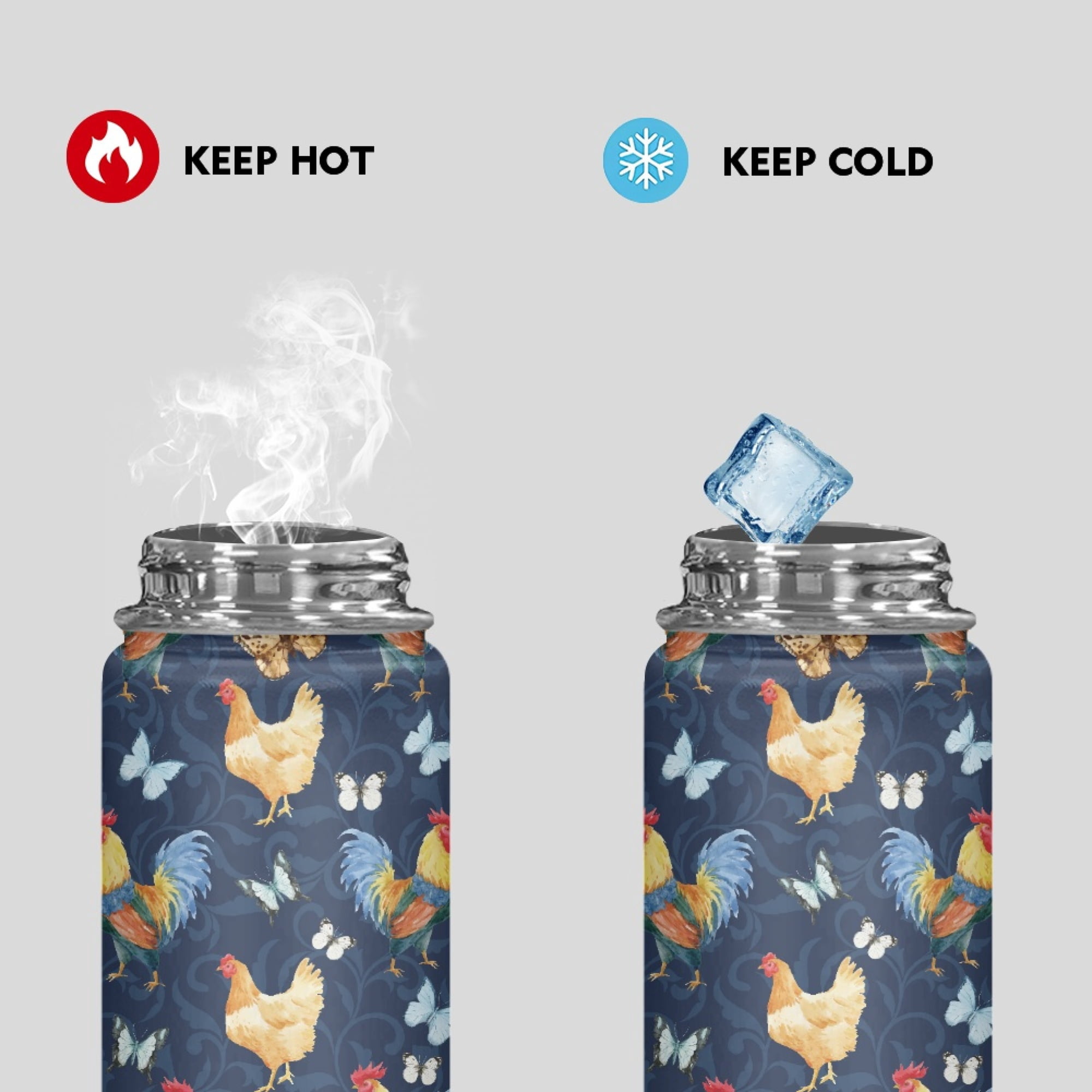 SEANATIVE Butterfly Chicken Water Bottles for Girls 18oz Leak Proof Double Walled Stainless Steel Gym Bottles for Women Men Insulated Hot Cold Hiking Canteen