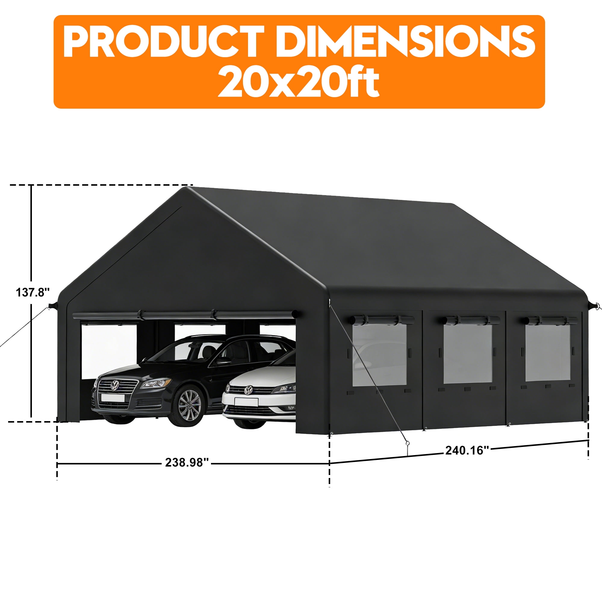 EASYHAWK 20'x20' Heavy Duty Outdoor Garage Carport Canopy with Side-Opening Door, Roll-Up Windows and Four-Hole Base, Black