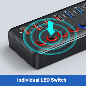 AUBEAMTO Powered USB 3.0 Hub, 11-Port USB Hub Splitter (7 Faster Data Transfer Ports+ 4 Smart Charging Ports) with Individual LED On/Off Switches, USB Hub 3.0 Powered with Power Adapter for Mac, PC