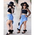 thumbnail image 3 of Toddler Baby Kids Girl Clothes Set Black Polka Dot Lace Sleeve Crop Top+Irregular Long Denim Skirt Outfits Set 2pcs, 3 of 5