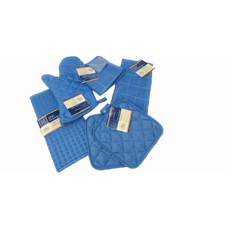 PEO - Kitchen Towel Set with Quilted Pot Holders, Oven Mitt, Dish Towel, Dish Drying Mat & Microfiber Scrubbing Dishcloths – 7-Piece Set (Blue)