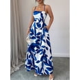 thumbnail image 4 of Women Leaf Print Spaghetti Strap Square Neck A-Line Maxi Dress Blue S, 4 of 9