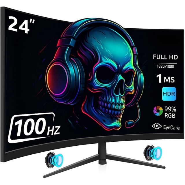kapture neocurve monitor curvo gamer 24 pantalla 100hz fhd hdmi 1ms led negro Monitor curvo 24" 1800R, vista frontal centrada con diseño sin bordes y carcasa negra ultradelgada; pantalla Full HD 1920x1080 a 100Hz y 1 ms, iconos visibles de HDR y EyeCare, peana estable con ajuste de inclinación y entradas HDMI y VGA; ideal para setups gaming y frecuentemente usado en estaciones de edición multimedia por su formato panorámico.