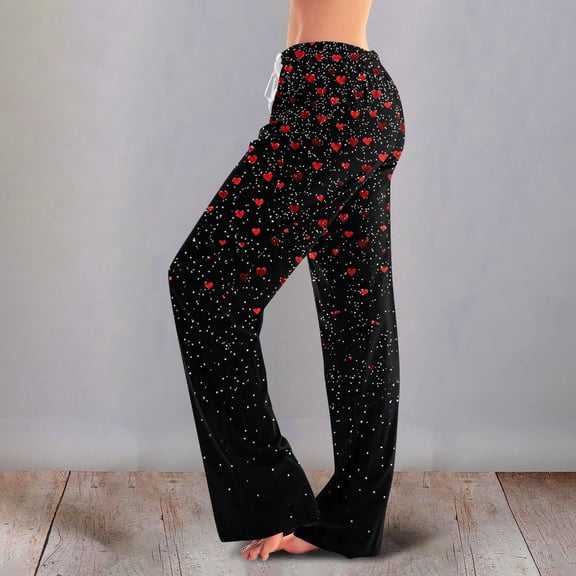 Valentines Day Womens Pajama Pants Elastic Waist Drawstring Lounge Pants Heart Graphic Print Soft Cozy Pajama Bottoms Sleepwear
