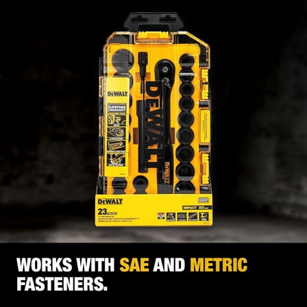 Impact Socket Set with Ratchet, Metric/SAE, 1/2" Drive, 23-Piece Set with Case (DWMT74739)