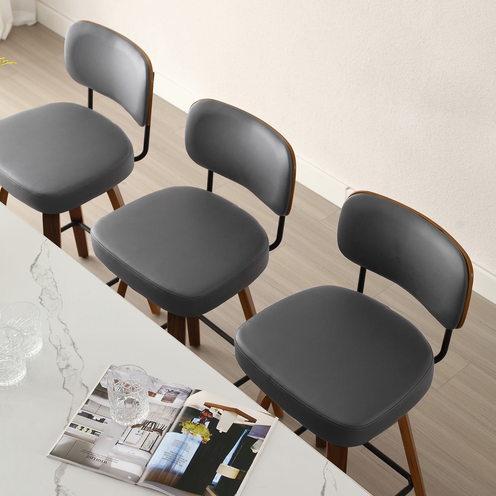 Foreate Swivel PU Bar Stools, Set of 1, 29" Bar Height Upholstered Leather with Mid-Back Wood Legs, Modern Chair Island Counter Stool for Kitchen, Gray