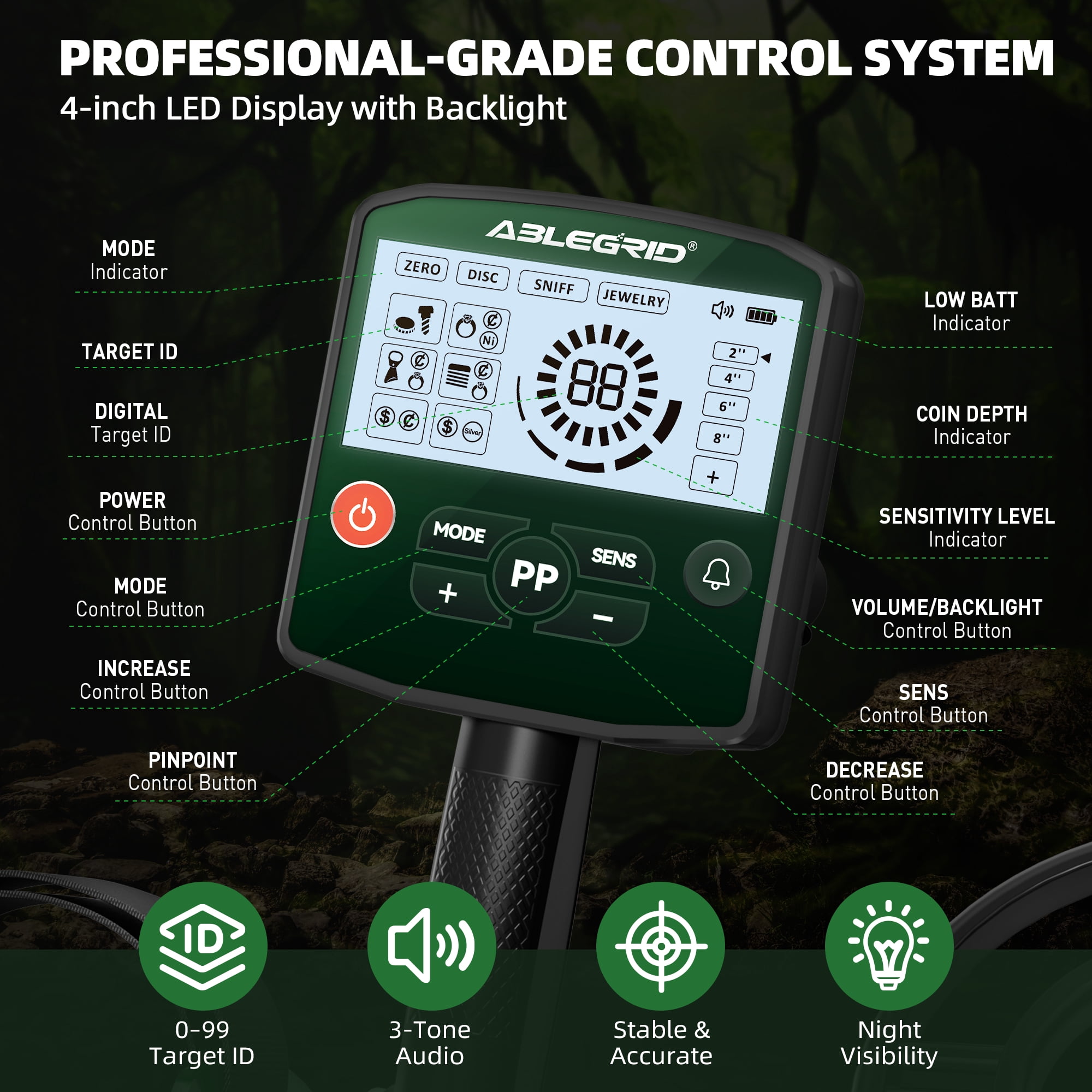 ABLEGRID Metal Detector for Adults and Kids Rechargeable Foldable, Professional Gold and Silver Detectors, High Accuracy Waterproof Pinpoint 4 Modes, Advanced DSP Chip 10" Coil, GC1021