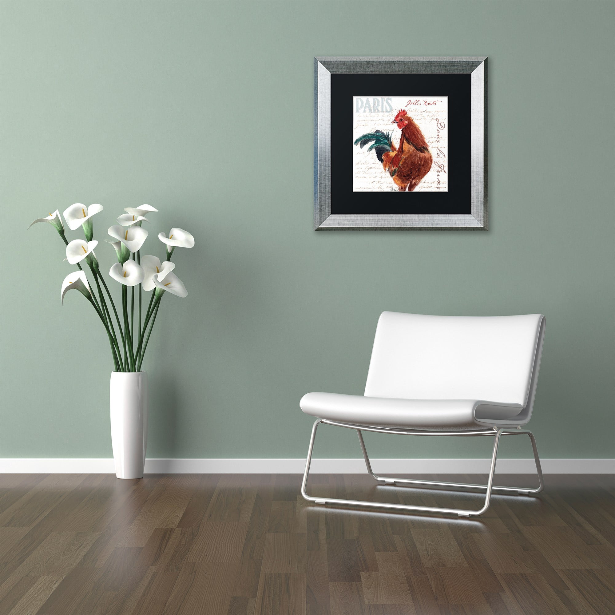 Trademark Fine Art "Dans la Ferme Rooster II" Canvas Art by Jennifer Redstreake Black Matte, Silver Frame