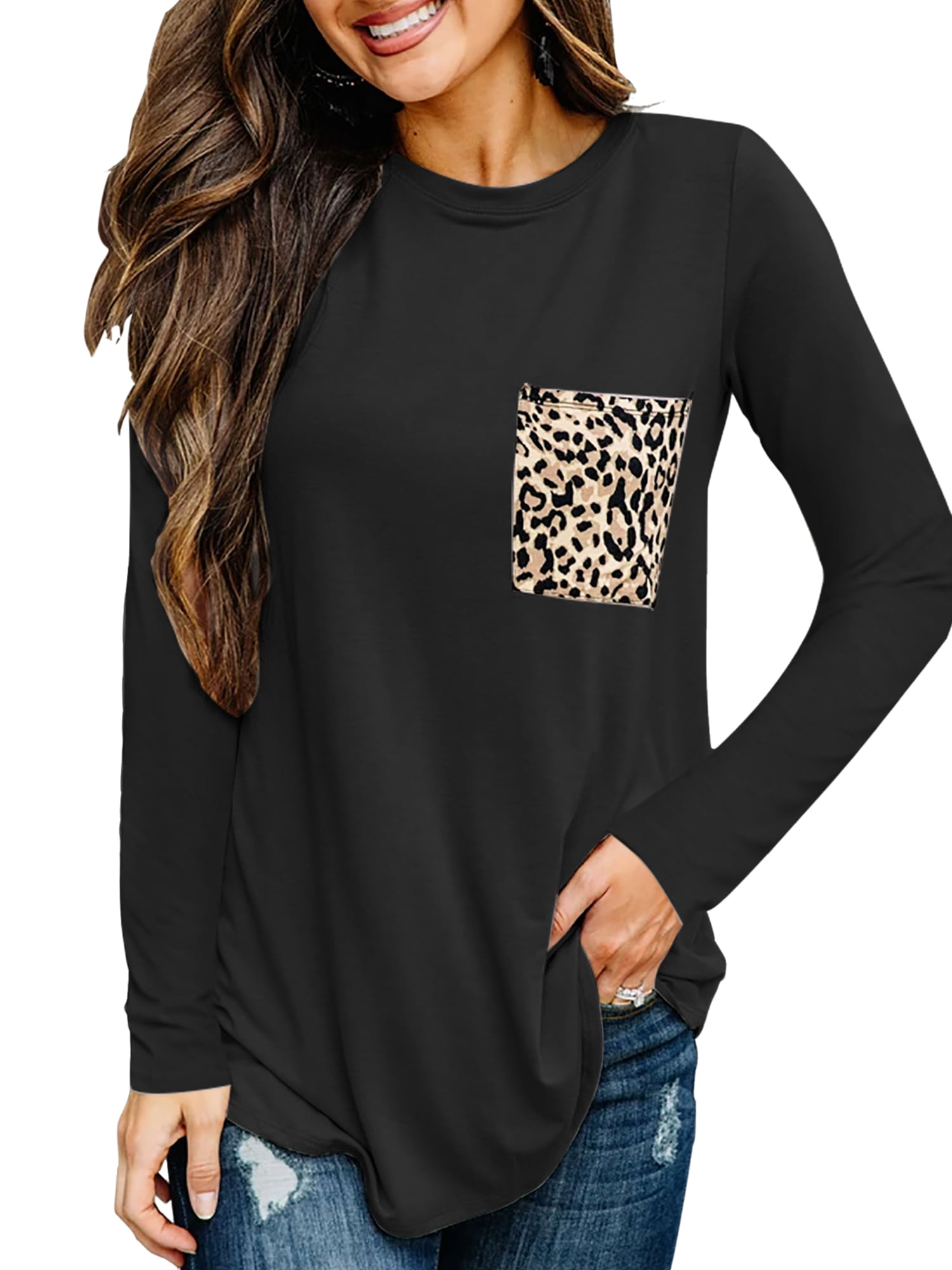 Fronage Womens Leopard Print Tops Long Sleeve Casual Loose Fit Shirts Color Block Tunics