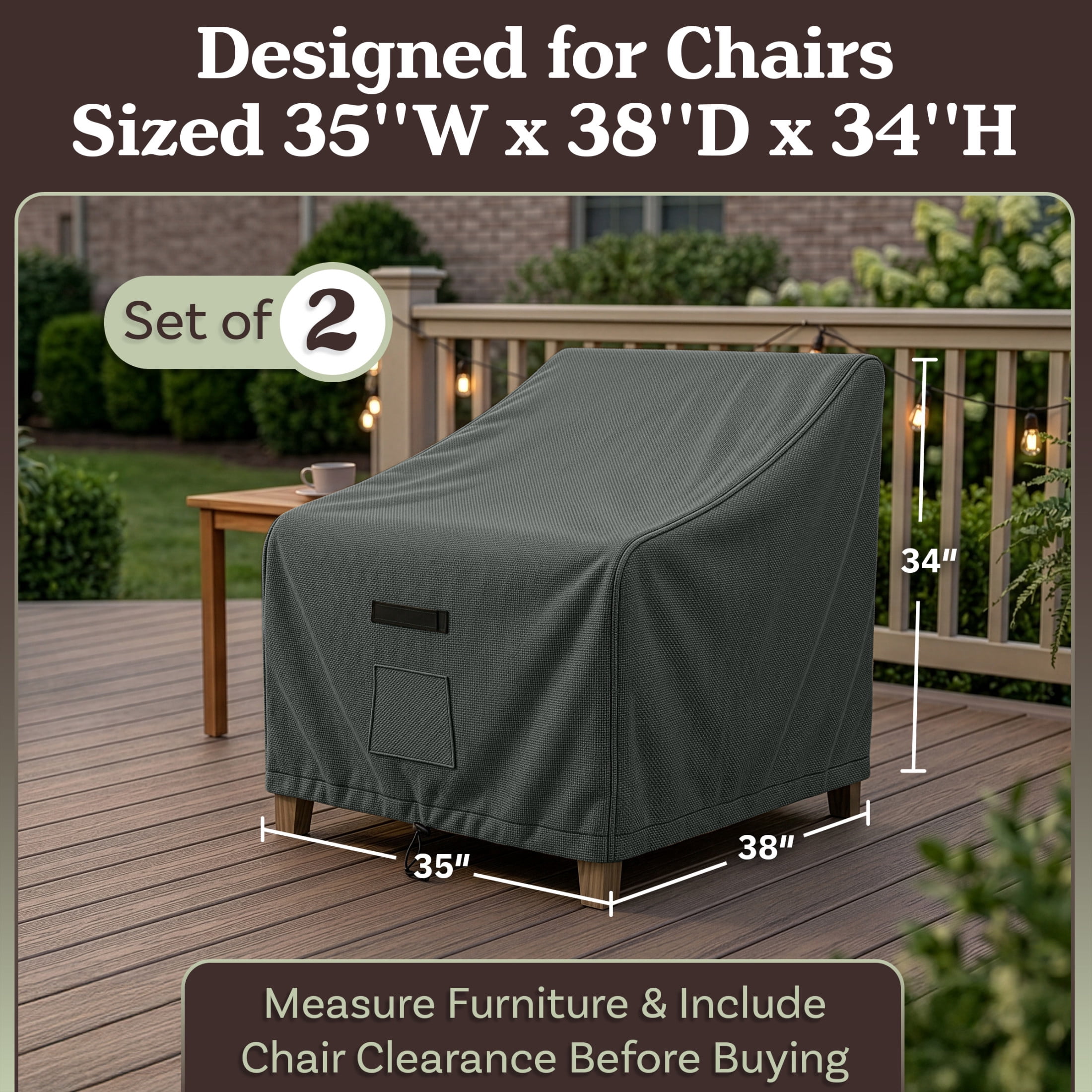 Pure Garden 35x38x34in Waterproof Deep Single Seat Outdoor Chair Covers 2-Pack, Gray