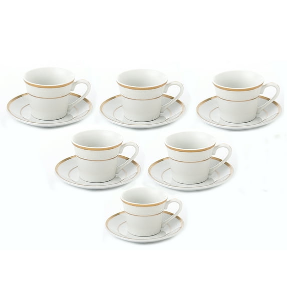 Set of 6 Colorful Porcelain Espresso Cup and Saucer Set - 2 oz, Gold Color