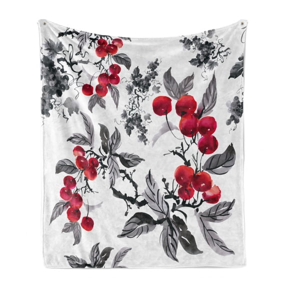Rowan Soft Flannel Fleece Blanket, Artwork of Mountain Ash Plants Watercolor Painting Style Shrubs Forest Foliage, Cozy Plush for Indoor and Outdoor Use, 60" x 80", Ruby Grey Black, by Ambesonne
