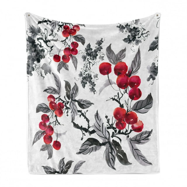 Rowan Soft Flannel Fleece Blanket, Artwork of Mountain Ash Plants Watercolor Painting Style Shrubs Forest Foliage, Cozy Plush for Indoor and Outdoor Use, 70" x 90", Ruby Grey Black, by Ambesonne