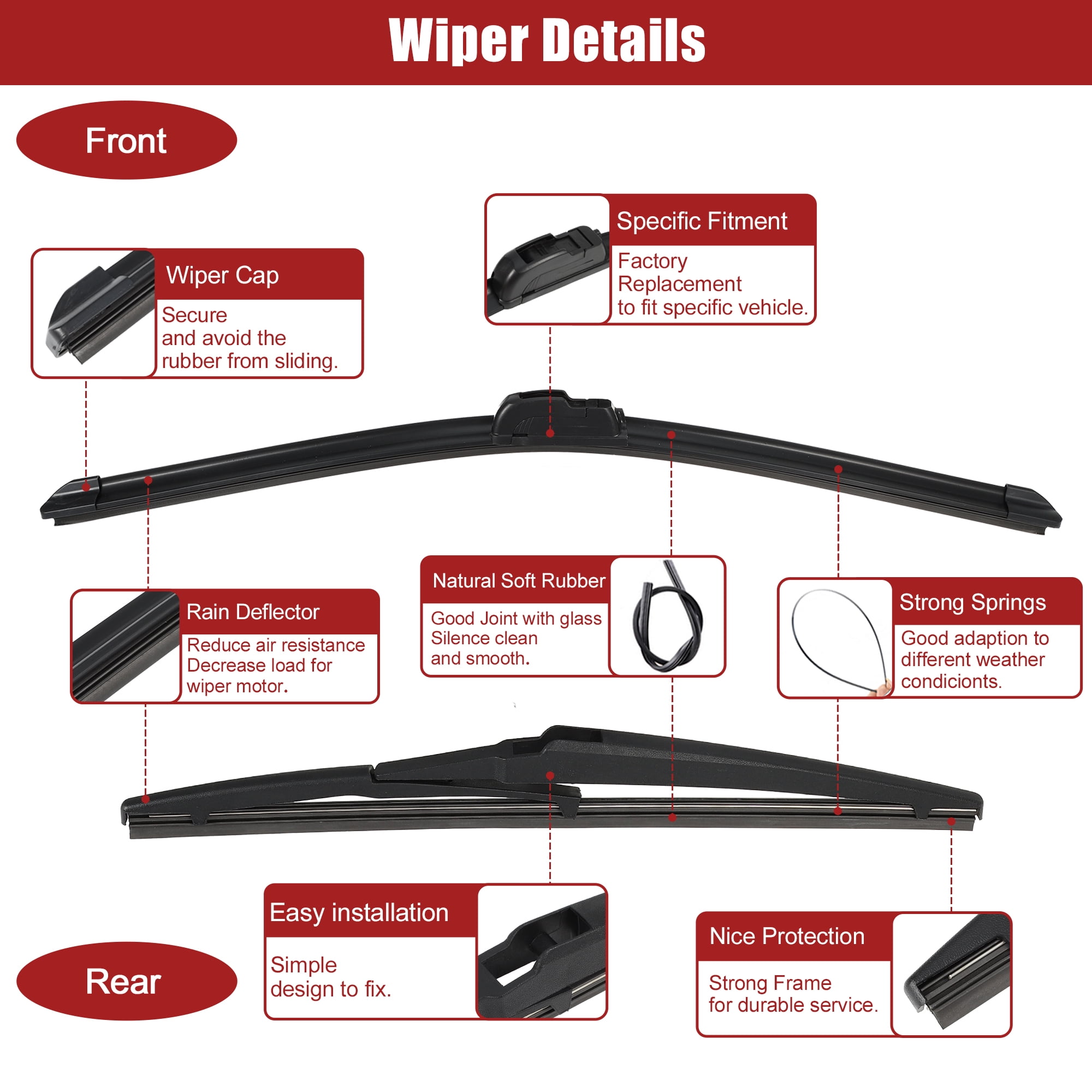 Unique Bargains 3 Pcs 24" 17" 12" Front Rear Windshield Wiper Blade Set Fit for Toyota RAV4 with J / U Hook Black