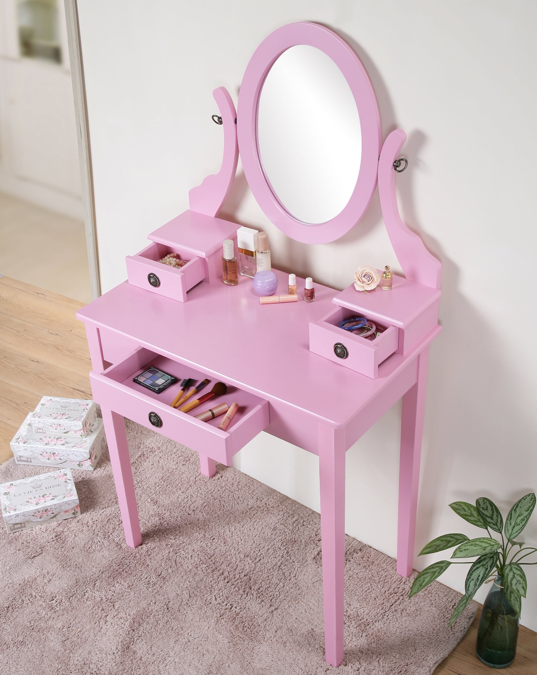 Mintazer Vanity Table Set with Adjustable Oval Mirror & Cushioned Stool, Makeup Dressing Table with 3 Drawer for Bedroom, Pink