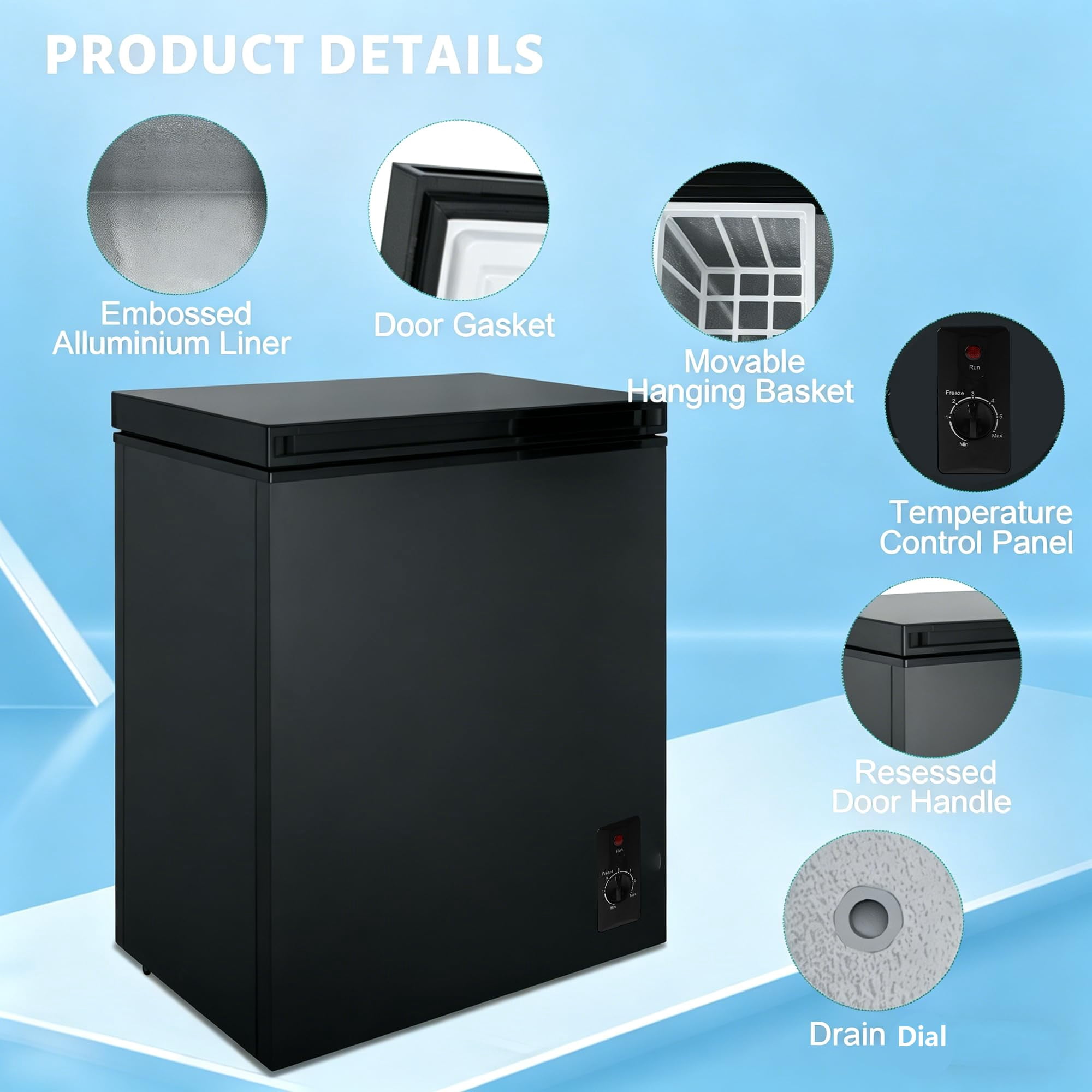 5.2 Cu.Ft Chest Freezer, Mini Deep Freezer with Removable Basket, Free Standing Compact Small Freezer Adjustable 6 Thermostat Quiet Small Deep Freezer Top Open Door for Dorm Home, Black