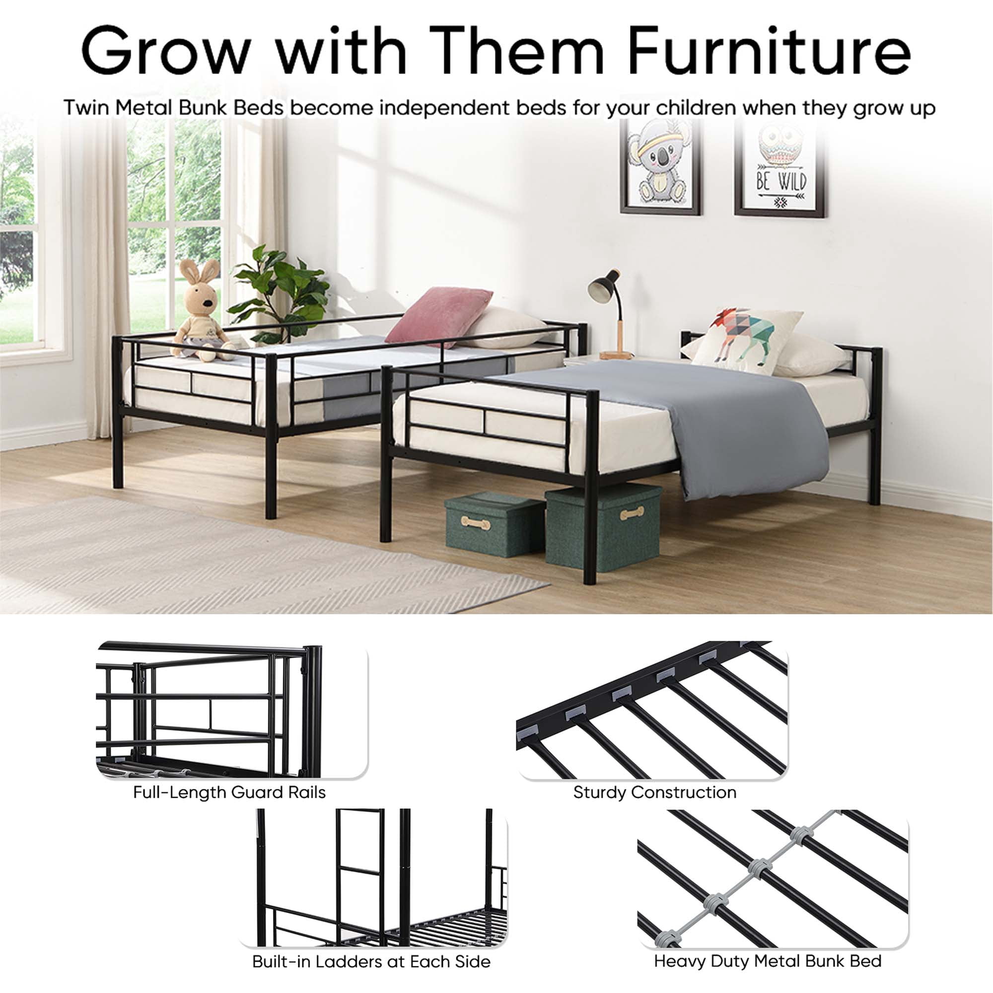 Aukfa Metal Bunk Bed Twin over Twin, Able to Split Two Beds for Kids Teens Dorm - Black