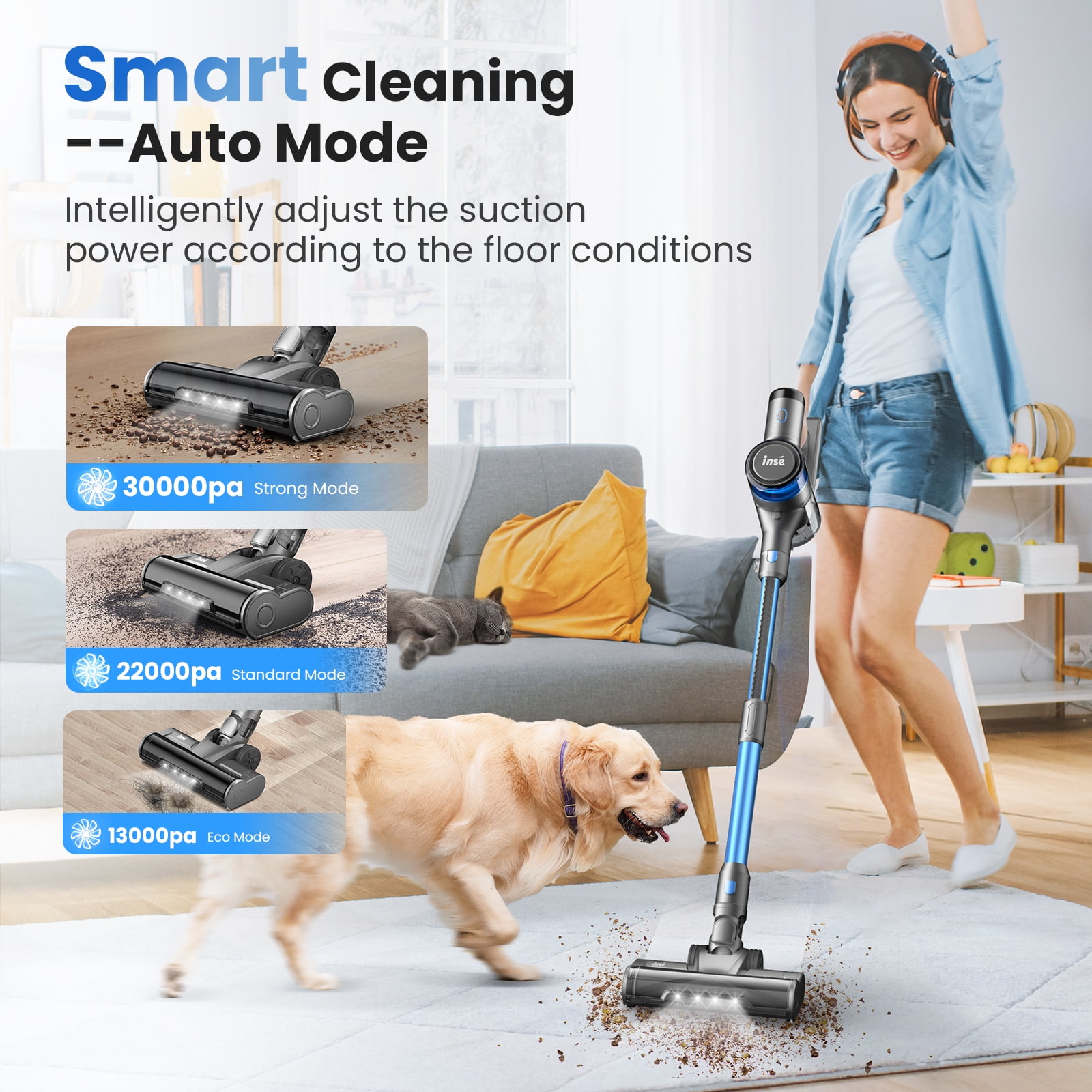 INSE S9 Rechargeable 400W Cordless Stick Vacuum Cleaner with 30Kpa Powerful Suction LED Display Walmart