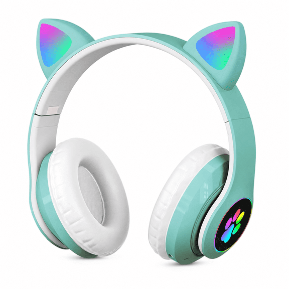 LUEYL Cat Ear Bluetooth Headphones for Kids Girls - Wireless Headset w/Mic, 94dB Volume Limit, LED Lights, Foldable, for School/Travel Green