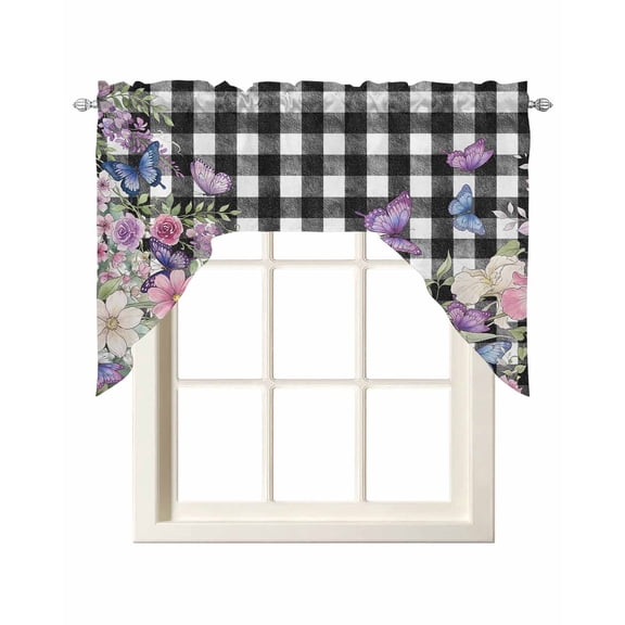 Spring Floral Swag Valances for Windows, Small Curtains Drapes, Black White Checkered Farmhouse Butterfly Kitchen Window Curtains Over Sink Window Treatment Valance for Bedroom/Bathroom 56"x36"