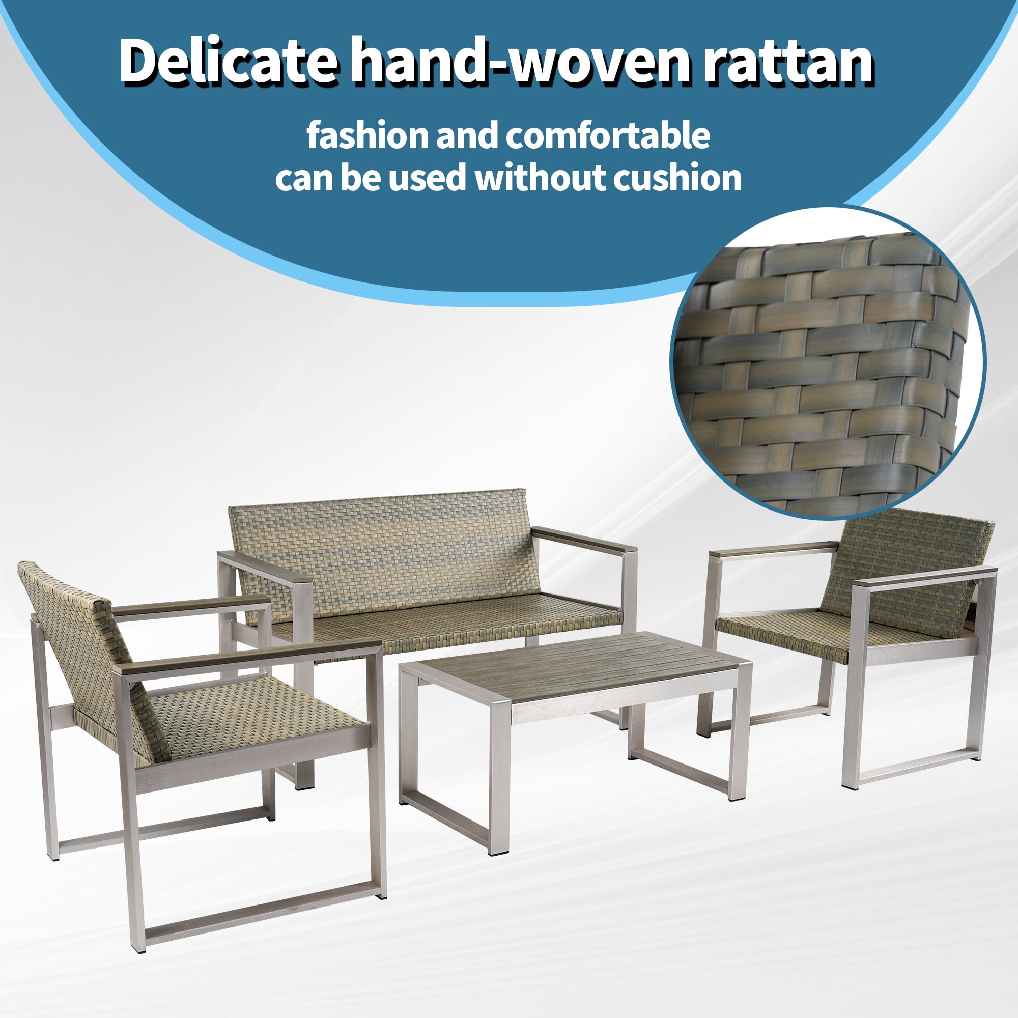 PORKISS Outdoor Patio Furniture Set, Aluminum and Rattan 4 Piece Sofa Seating Group with Cushion and Table, Modern Conversation Set for Garden, Pool, Gray/Silver