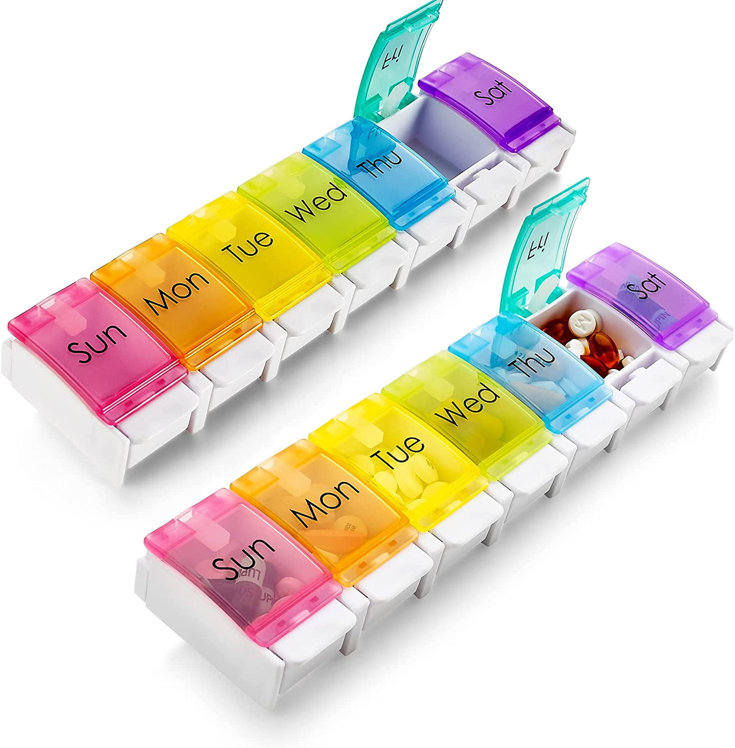 7 Day Pill Organizer Easy Push Button Assisted, Seniors, Multicolor
