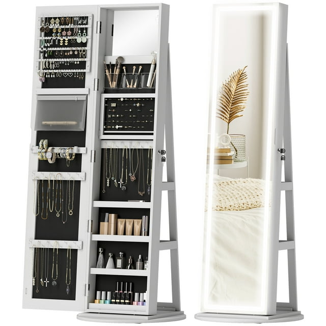 HOMCOM Jewelry Cabinet with Mirror, LED Jewelry Armoire, White