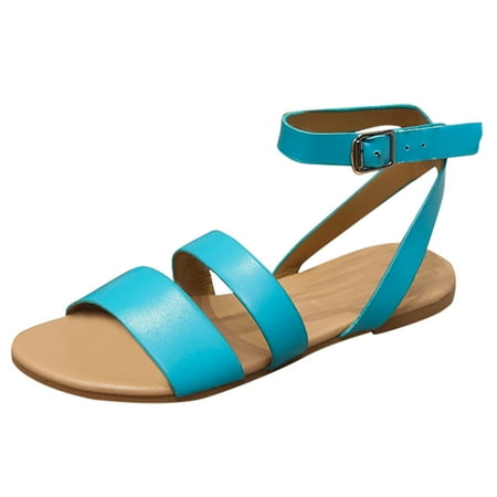 

dmqupv Womens Strap Toe Sandals Buckle Casual Summer Flat Shoes Ladies Round Women s sandals Flat Sandals for Women Female flats-sandals Blue 8