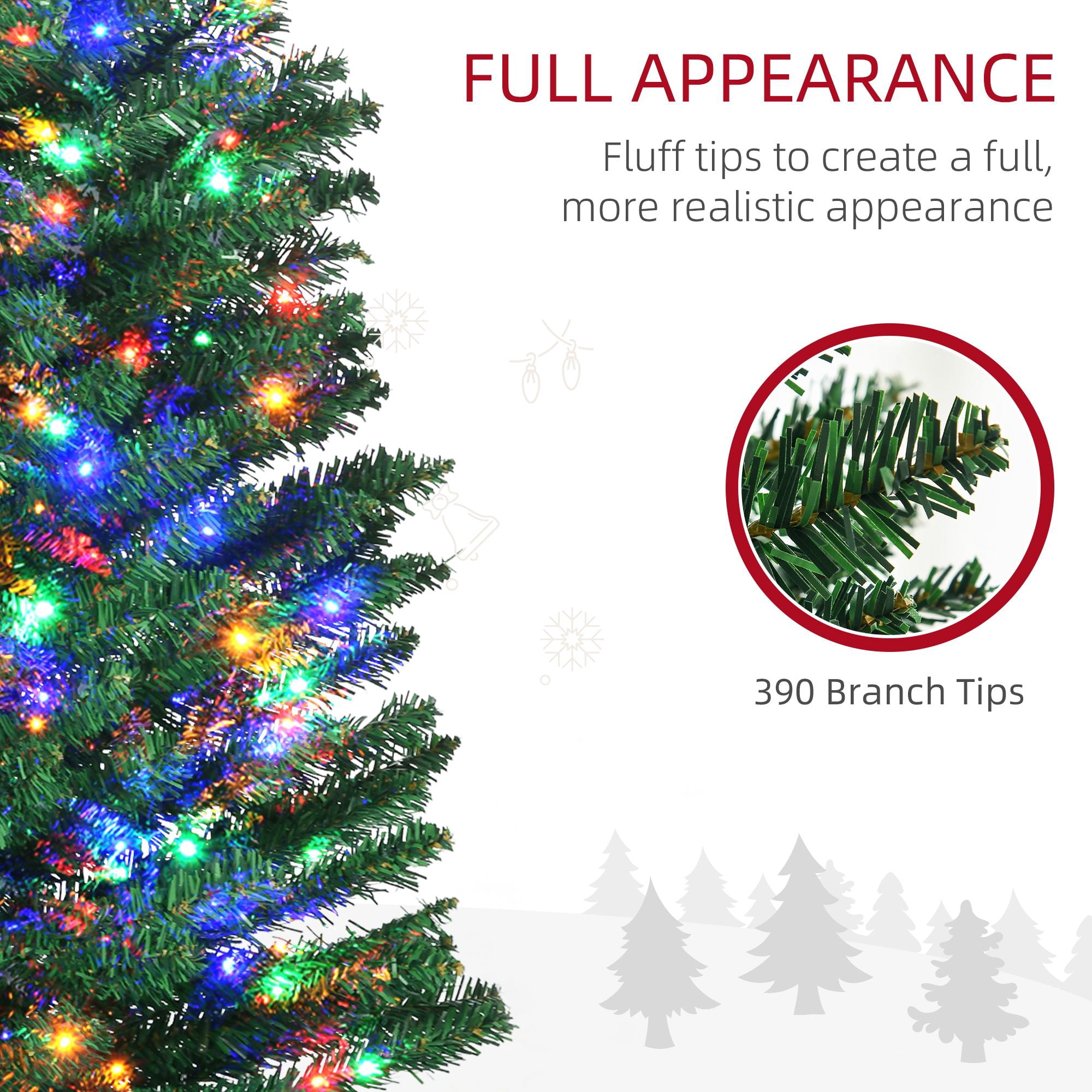 6 ft Prelit Artificial Pencil Christmas Tree with 150 Colorful LED Lights, 390 Tips, Steel Base, Skinny Space-Saving Holiday Decoration for Small Rooms and Entryways