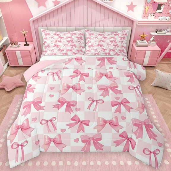 Feelyou Chic Pink Bowknot Bedding Comforter Set for Kids, Romantic Love Heart Twin Comforter Sets, Fashion Buffalo Plaid Reversible Bedding Set, Ultra Soft Bedroom Decor, 2 Pieces