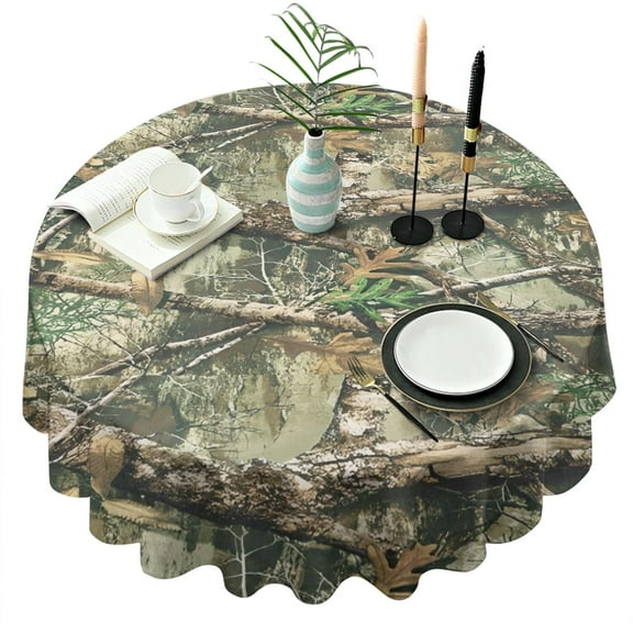 Forest Camo Branches Leaves Pattern Round Tablecloth 60"x60",Wrinkle Wipeable Table Cloth for Kitchen Dining Room Picnic Patio Party