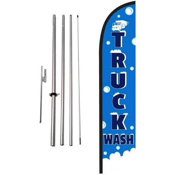 Truck Wash Advertising Feather Banner Swooper Flag Sign with Flag Pole Kit and Ground Stake