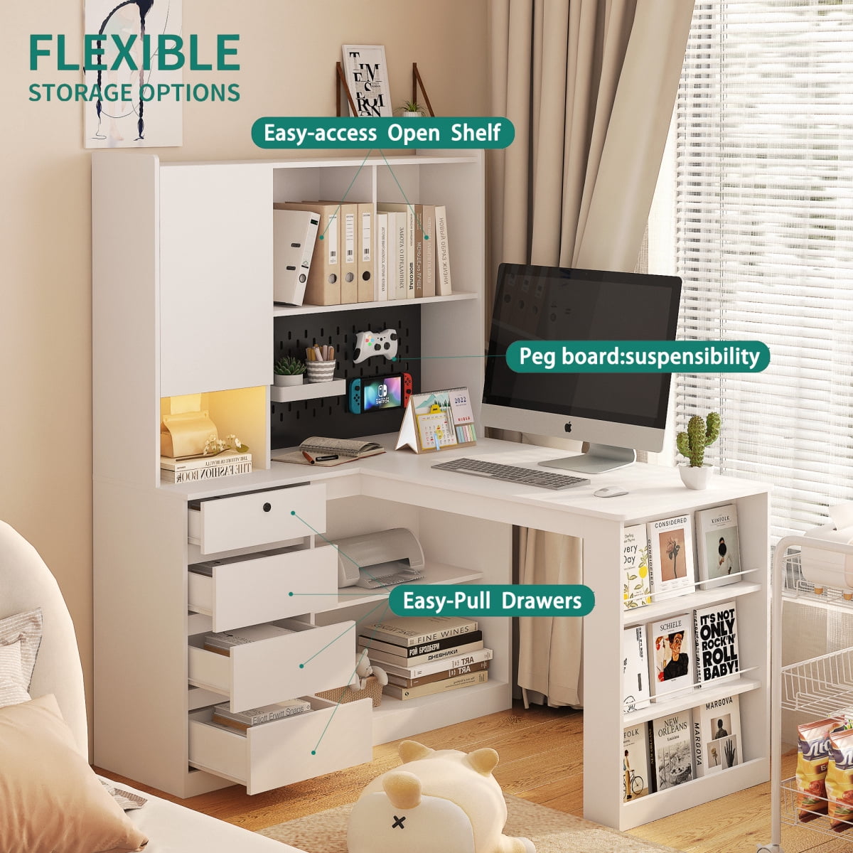 GZXS L-Shaped Computer Desk with Charging Station, LED Light, Pegboard, 4 Drawers & Open Shelves - 56" Modern Corner Desk for Home Office, Study, Work, White