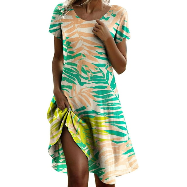JIRNDf Robes de Printemps pour Femmes 2025 Tendance à Imprimé Floral Col Rond Vacances Basique Confortable Stylée Féminine Robes d'Été pour Femmes Plage Robe Bohème Jaune XXXXXL