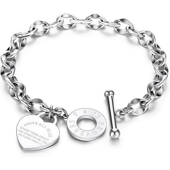 Simyoung Women's Charm Stainless Steel Heart Bracelet Silver Girl Link Chain Bangle Sliver