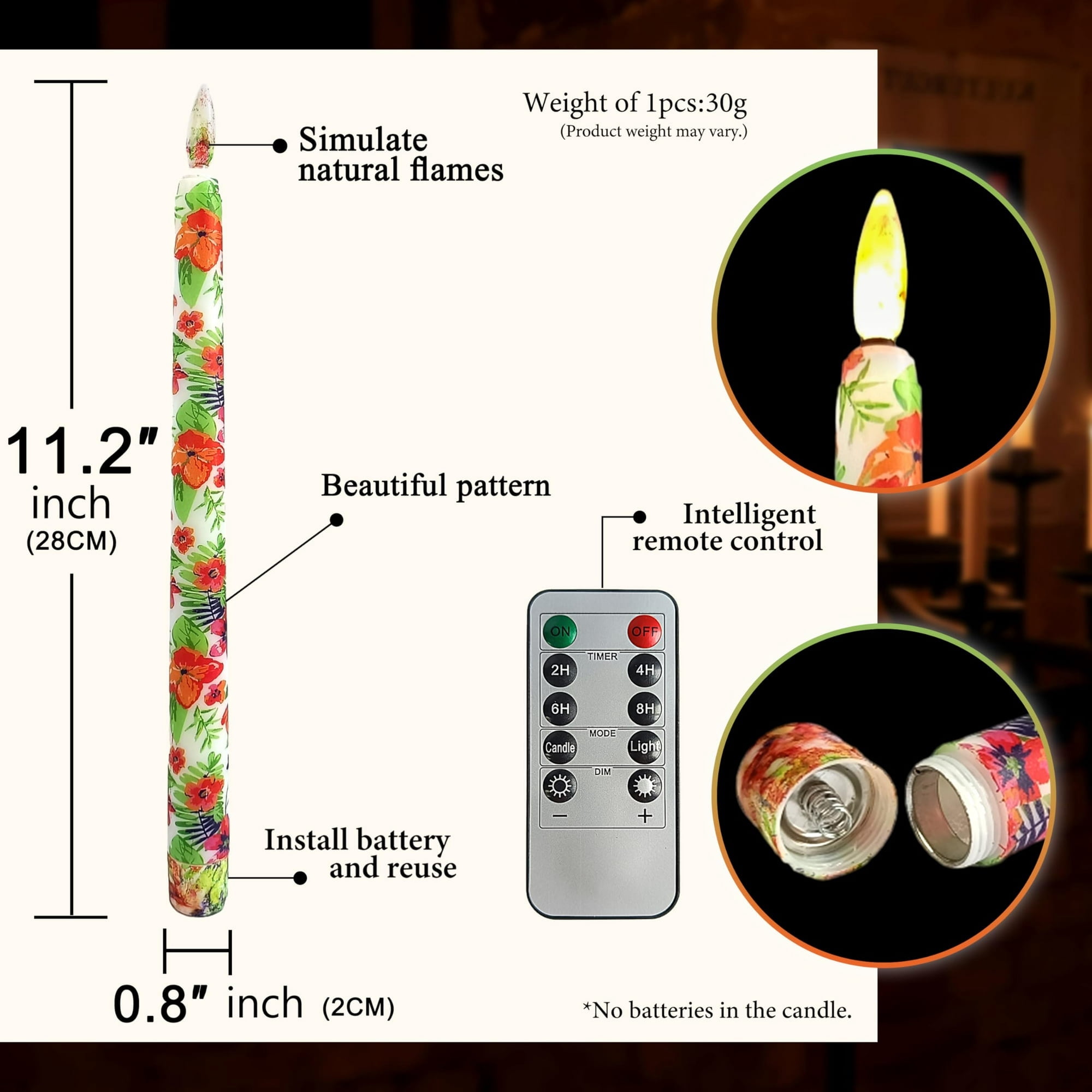 6PCS Printed Flameless Taper Candles, 11 Inch LED Candlesticks Battery Operated with 10-Key Remote and Timer, 3D Flickering Flame Lights for Wedding Party Home Decor Gifts
