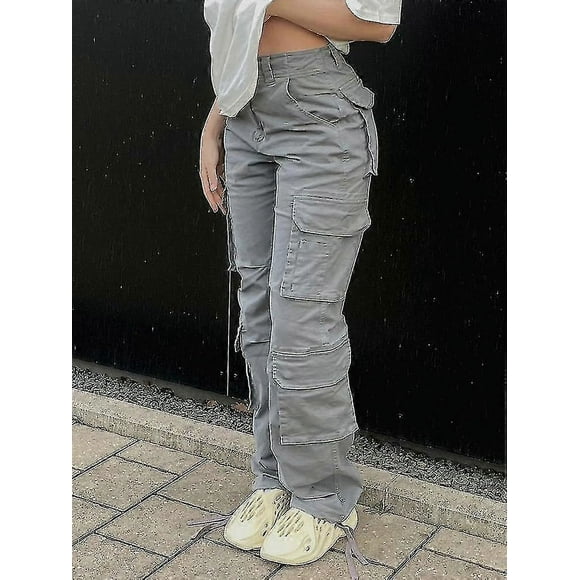 Vintage Cargo Pants Baggy Jeans Women Fashion 90s Streetwear Pockets Wide Leg High Waist Straight Y2k Denim Trousers Overalls- M Gray