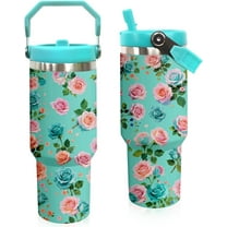 30 oz Tumbler with Handle Flip Straw Leak Proof - Blue Flowers Cup 30oz Tumbler Travel Coffee Mug with Handle - Birthday Gifts for Women Blue Floral Lovers 30 Ounce Stainless Steel Cup